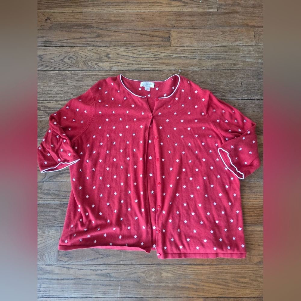 CJ Banks Red Cardigan with White Star Pattern